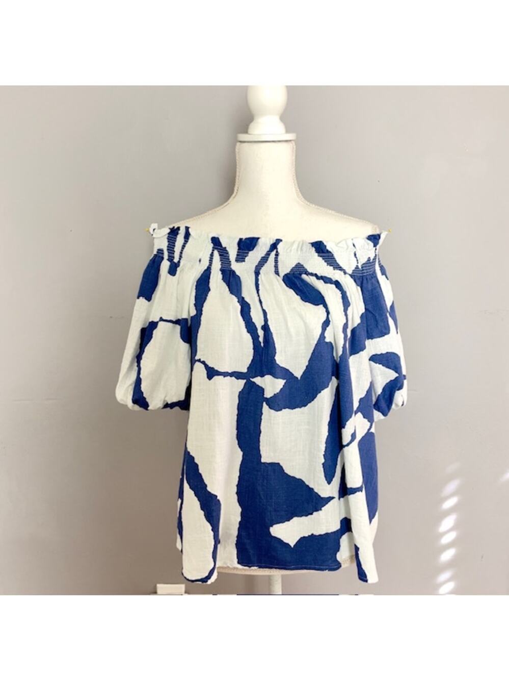 Off Shoulder Boho Blouse Blue White Linen Style Smocked Top L Beachy Festival